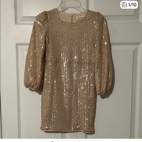 Grace Karin Champagne Sequin Dress with Puff Sleeves - Picture 11 of 11